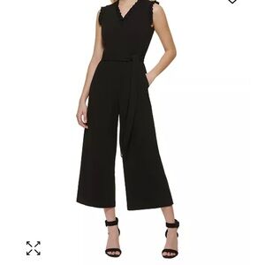 NWT Calvin Klein Women's Black Belted Ruffled Trim Jumpsuit